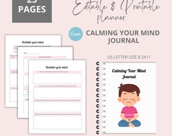 Lugna ditt sinne-dagbok | Redigerbar och utskrivbar hälsojournal | Avslappning, reflektion och mindfulness
