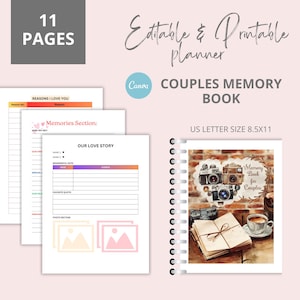 May include: A spiral-bound "Couples Memory Book" with the text "Editable & Printable Planner." The cover features a watercolour illustration of vintage cameras, a stack of papers, and a cup of coffee. The book includes pages for recording memories.