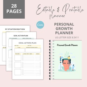 May include: A personal growth planner with a spiral binding, featuring a light green cover with an illustration of a head with a plant growing out of it. The planner includes pages for goal action plans and is US Letter size 8.5x11 inches.