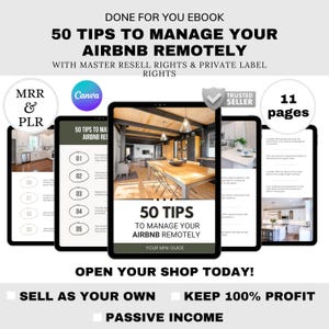 May include: An ebook cover titled "50 Tips to Manage Your Airbnb Remotely" displayed on multiple tablets. The cover features interior design photos and the Canva logo. Text includes "Master Resell Rights & Private Label Rights" and "Open Your Shop Today!"