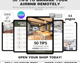 Könnte beinhalten: Mehrere Tablets zeigen das Cover eines E-Books mit dem Titel "50 Tipps zur Verwaltung Ihres Airbnb aus der Ferne". Das Cover zeigt Innenarchitekturfotos und das Canva-Logo. Der Text enthält "Master Resell Rights & Private Label Rights".