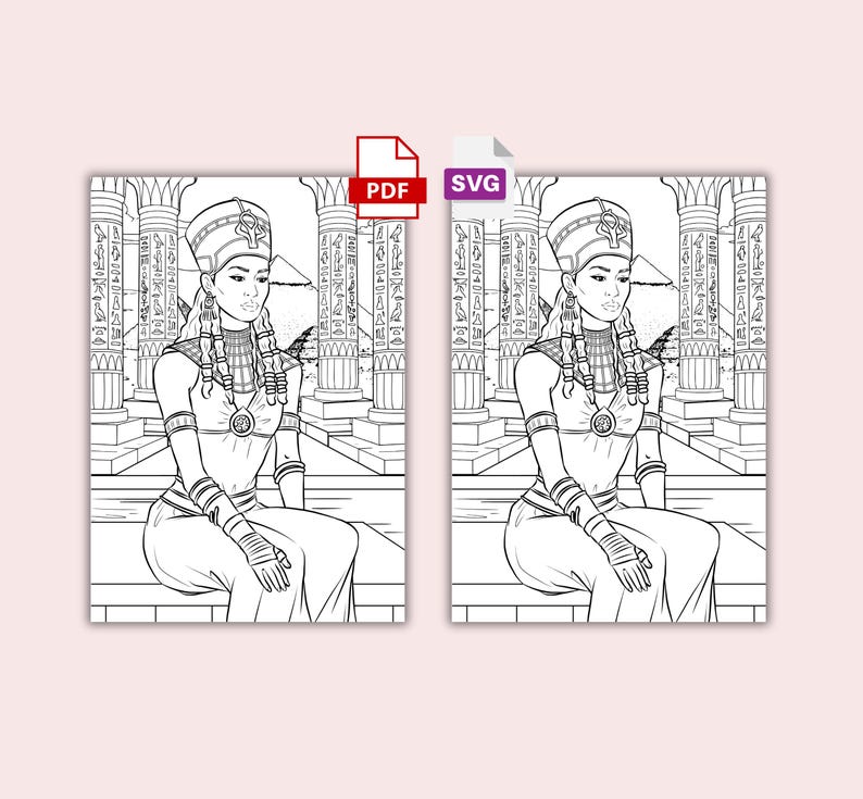 Queen Nefertiti Coloring Page SVG & PDF | Ancient Egypt Art | Black ...