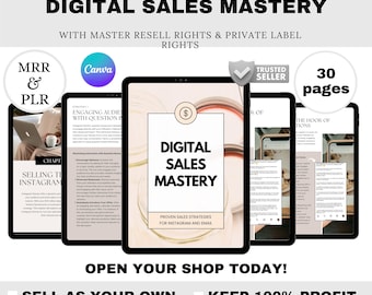 May include: An ebook titled "Digital Sales Mastery" with the text "Proven Sales Strategies for Instagram and Email" displayed on a tablet. The image also includes the text "Done For You Ebook" and "Open Your Shop Today!"