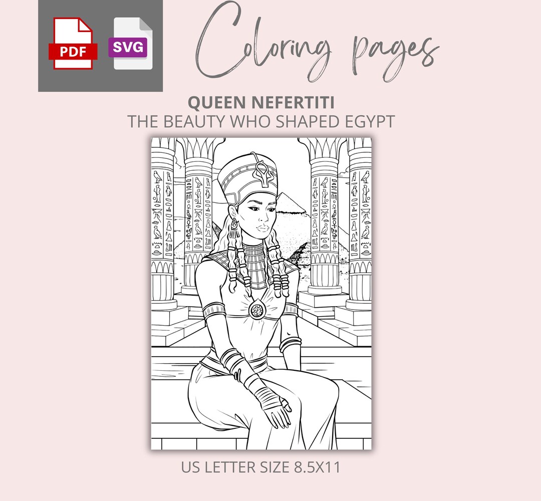 Queen Nefertiti Coloring Page SVG & PDF | Ancient Egypt Art | Black ...