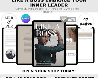 Może przedstawiać: Tablety wyświetlające e-book zatytułowany "Like a Boss Embrace Your Inner Leader". Okładka przedstawia kobietę zginającą ramię. Tekst zawiera "Master Resell Rights" i "47 stron".