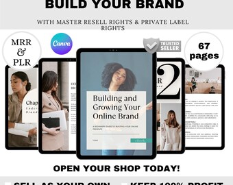 May include: An ebook titled "Build Your Brand" with master resell rights and private label rights. The cover features a woman and the title "Building and Growing Your Online Brand". The ebook is 67 pages long and includes the Canva logo.