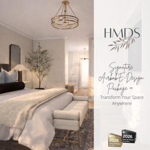 May include: A bedroom interior featuring a bed, bench, and a decorative chandelier. The image includes text that reads "HMDS Signature Airbnb E-Design Package - Transform Your Space Anywhere."