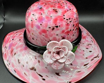 Vintage Murano Style Art Glass Hat Bowl Pink Confetti Green Band Applied Flower