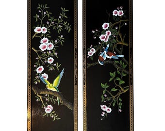 Vintage azjatyckie czarne lakierowane drewniane panele ścienne para ptaków kwiaty chinoiserie