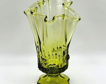 Vintage Olive Green Floral Relief Art Glass Vase Ruffled Rim Pedestal Vase MCM