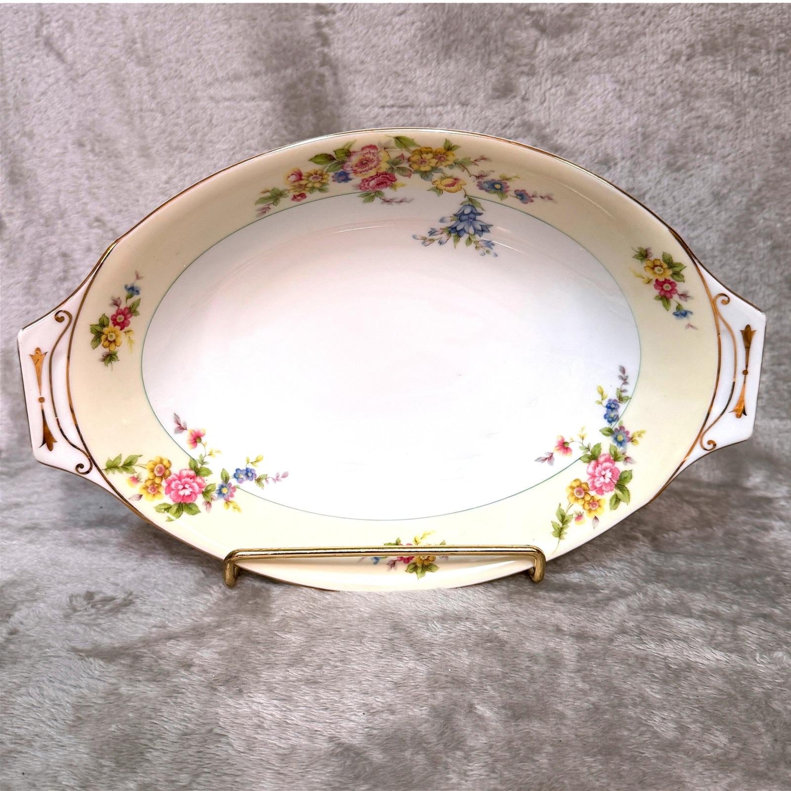 Vintage Meito China Oval Serving Platter Floral Gold Trim Handles