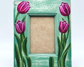Hand Painted Wood Picture Frame Tulips Distressed Folk Art Cottagecore Floral