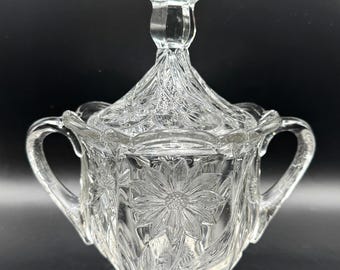 Vtg. Pressed Glass Sunflower Large Lidded Sugar Bowl Clear Floral Double Handle