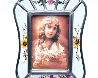 Vintage Pressed Flower Glass Picture Frame Silver Tone Metal Floral Cottagecore