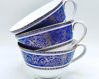 Royal Doulton Royal Windsor H.4970 Tea Cups Cobalt Blue Gold Bone China Set of 3