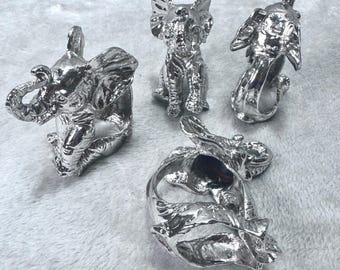 Silver Elephant Napkin Rings Set 4 Heavy Cast Metal Safari Boho Table Decor