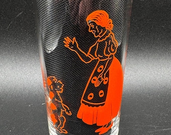 Zabytkowy kubek do soku pomarańczowego Libbey Old Mother Hubbard MCM Nursery Rhyme