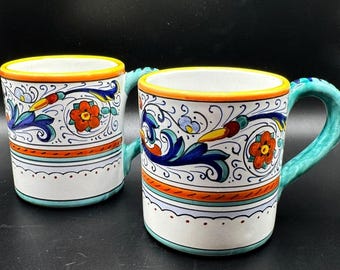 Vietri Italy Hand Painted Umbria Mugs Set of 2 Deruta Style Coffee Cups Scroll