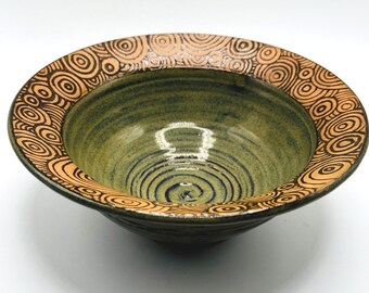 Signed Studio Pottery Bowl Hand Thrown Green Glazed Sgraffito Swirl Rim Signed