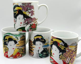 Japan Traditional Geisha Mugs Gold Gilt Mt Fuji Cherry Blossom Pagoda Coffee Tea