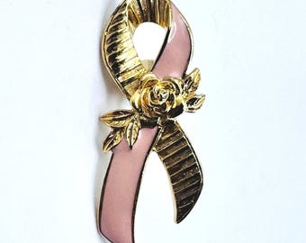 Avon Pink Ribbon Brooch Gold Tone Rose Floral Enamel Breast Cancer Awareness