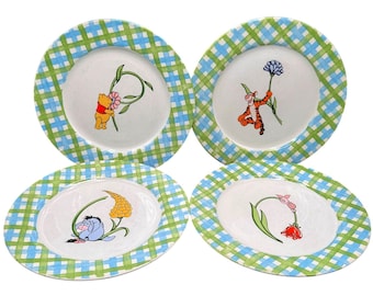 Disney Winnie The Pooh 7 1/2" Kids Plates,Salad, Desert W/ Flower Plaid Gingham