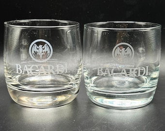 Bacardi Rum Rocks Glasses Etched Bat Logo Heavy Base Lowball Rocks Tumblers - 2