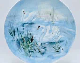 Vintage Hand Painted Swan Plate Wall Decor Blue White Cottagecore Lake Scene