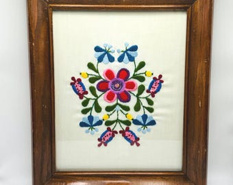 Vintage Hand Embroidered Floral Folk Art Framed Needlework 10x12 Wood Frame Boho