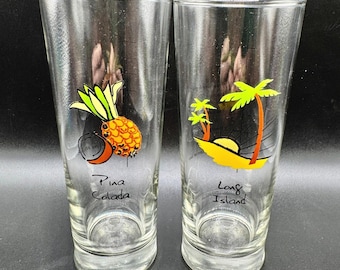 Vintage MCM Cocktail Recipe Glasses Set Long Island & Pina Colada Barware Recipe