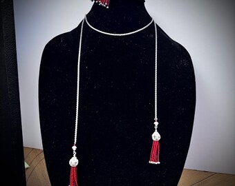 Lange Silber Ton Quaste Halskette Ohrringe Rot Rocailles Filigree