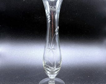 Vintage Etched Crystal Bud Vase Ruffled Rim Pedestal Foot Floral Starburst