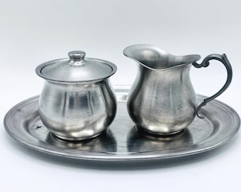 WEB Pewter Creamer Sugar Bowl Serving Tray Set 3 Vintage Rustic Metalware
