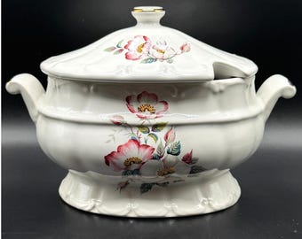 Waza na zupę Briar Rose z pokrywką House of Webster, z wykończeniem w kolorze starego złota, biała, ceramiczna