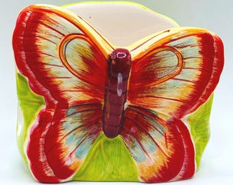 Home Essentials Free Flight Butterfly Ceramic Napkin Holder Red Green Leaf