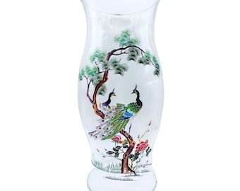 Vintage Peacock Hurricane Lamp Shade Chimney Glass  L.E. Smith Cottage Floral