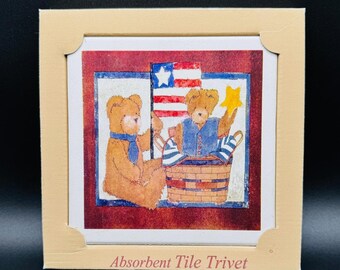 Highland Graphics Bears Absorbent Tile Trivet American Flag Patriotic Teddy Bear