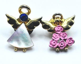 Vintage Angel Lapel Pins Gold Tone MOP Blue Rhinestone Pink Floral Tac Pin Set