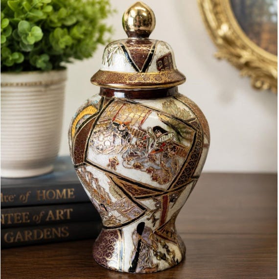 Vintage Japanese Satsuma Ginger Jar Hand Painted Lidded Urn Vase