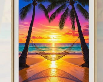 Impresión fotográfica de palmeras en hamacas de playa, arte mural costero (descarga digital)