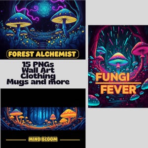 Psychedelic Neon Mushroom PNG Bundle, Trippy Fungi Art (Digital Download)