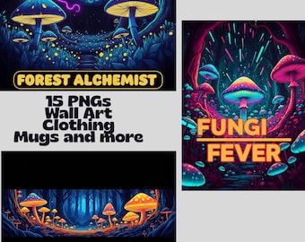 Psychedelic Neon Mushroom PNG Bundle, Trippy Fungi Art (Digital Download)
