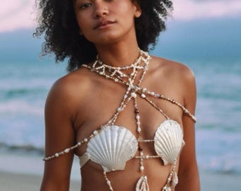 Golden Pearl Seashell Bra: Handmade Mermaid Costume Top with Necklace