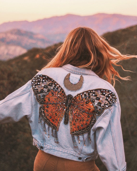 Vestido de chaqueta de mezclilla de niña mariposa piedra (chaqueta +  vestido + bolso)/3