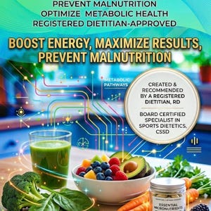 Puede incluir: Una portada de libro colorida con el título "The GLP-1 Nutrition & Supplement Guide". La imagen presenta un vaso de jugo verde, un cuenco de fruta, verduras y un tarro de suplementos. El texto incluye "Boost Energy, Maximize Results, Prevent Malnutrition."