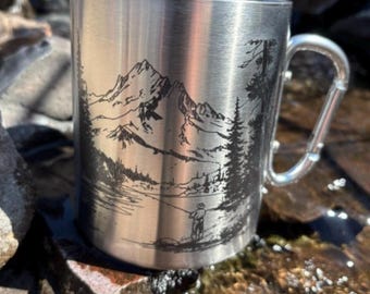 20 ounce- Laser Engraved Stainless Steel Camping Mug with Carabiner Handle, “Gone Fishing”