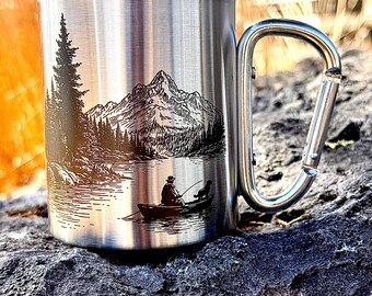 10 oz. Laser-Engraved Stainless Steel Camping Mug with Carabiner Clip Handle - Fishing on the Lake