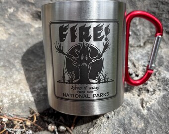 Vintage Camping Mug | Historic Forest Fire Poster | Laser Engraved Stainless Steel Camp Mug | Wildland Firefighter Gift