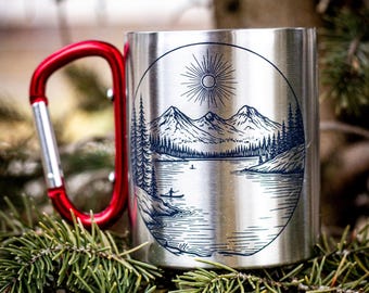 Laser-Engraved Outdoors Camping Mug with Carabiner Clip Handle - Mountains/Lake