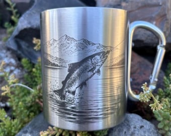 10 oz. Laser-Engraved Steelhead Camping Mug with Carabiner Clip Handle - Steelhead + Flies